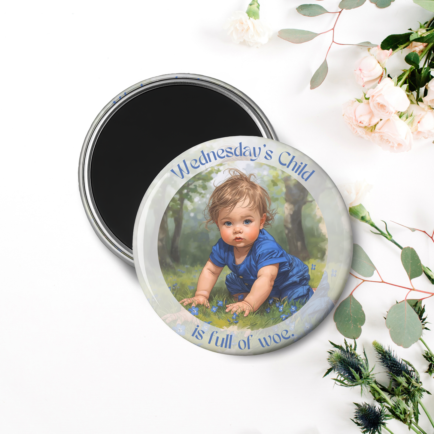 Monday's Child Poem, 2.25" Round Magnet for Boys and Baby Boys, Days of the Week Birth Fridge Magnets, Nursery Rhyme