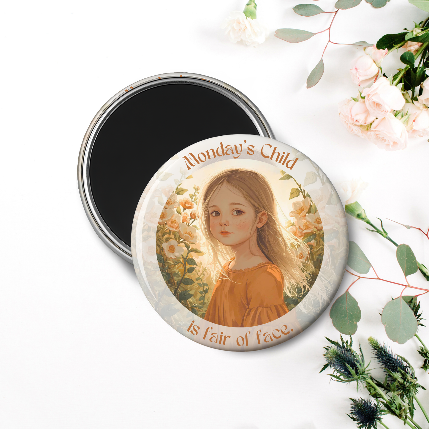 Monday's Child Poem, 2.25" Round Magnet for Girls and Baby Girls, Days of the Week Birth Fridge Magnets, Nursery Rhyme