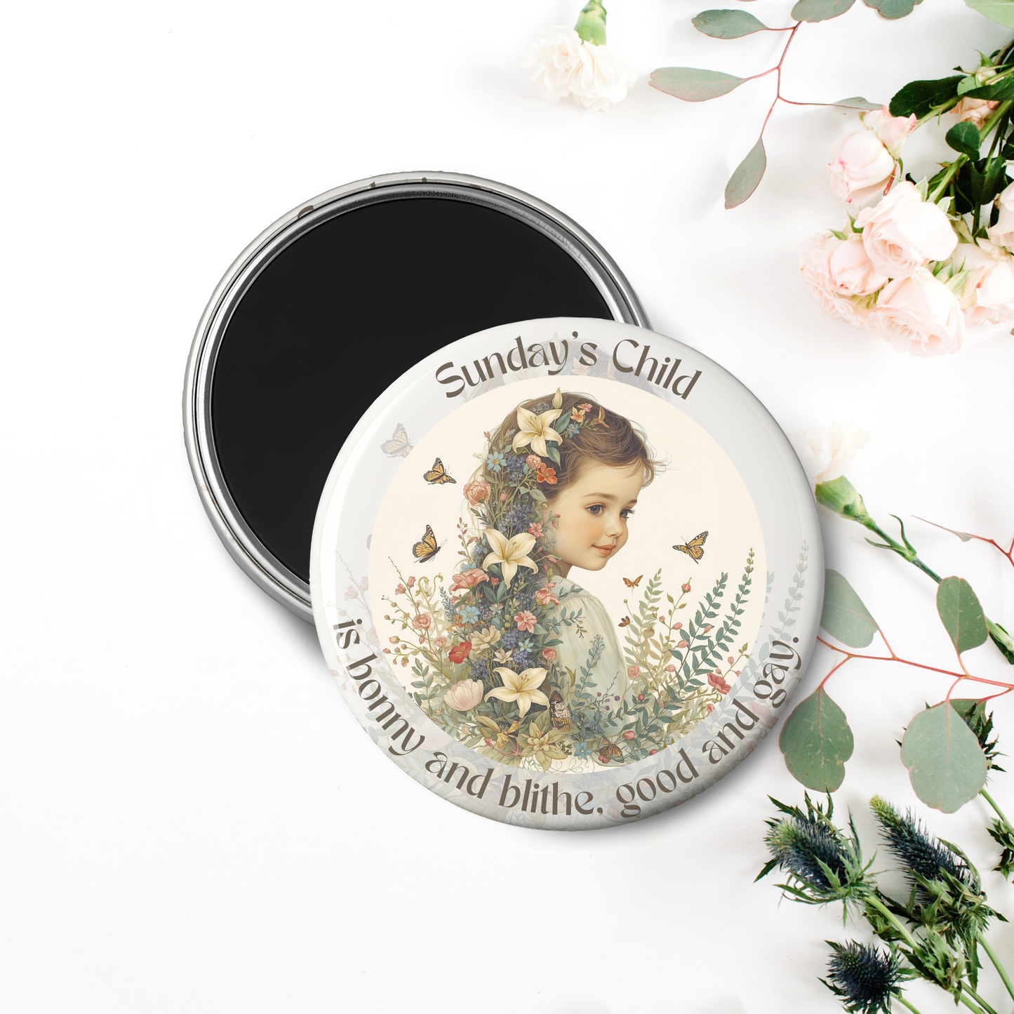 Monday's Child Poem, 2.25" Round Magnet for Girls and Baby Girls, Days of the Week Birth Fridge Magnets, Nursery Rhyme