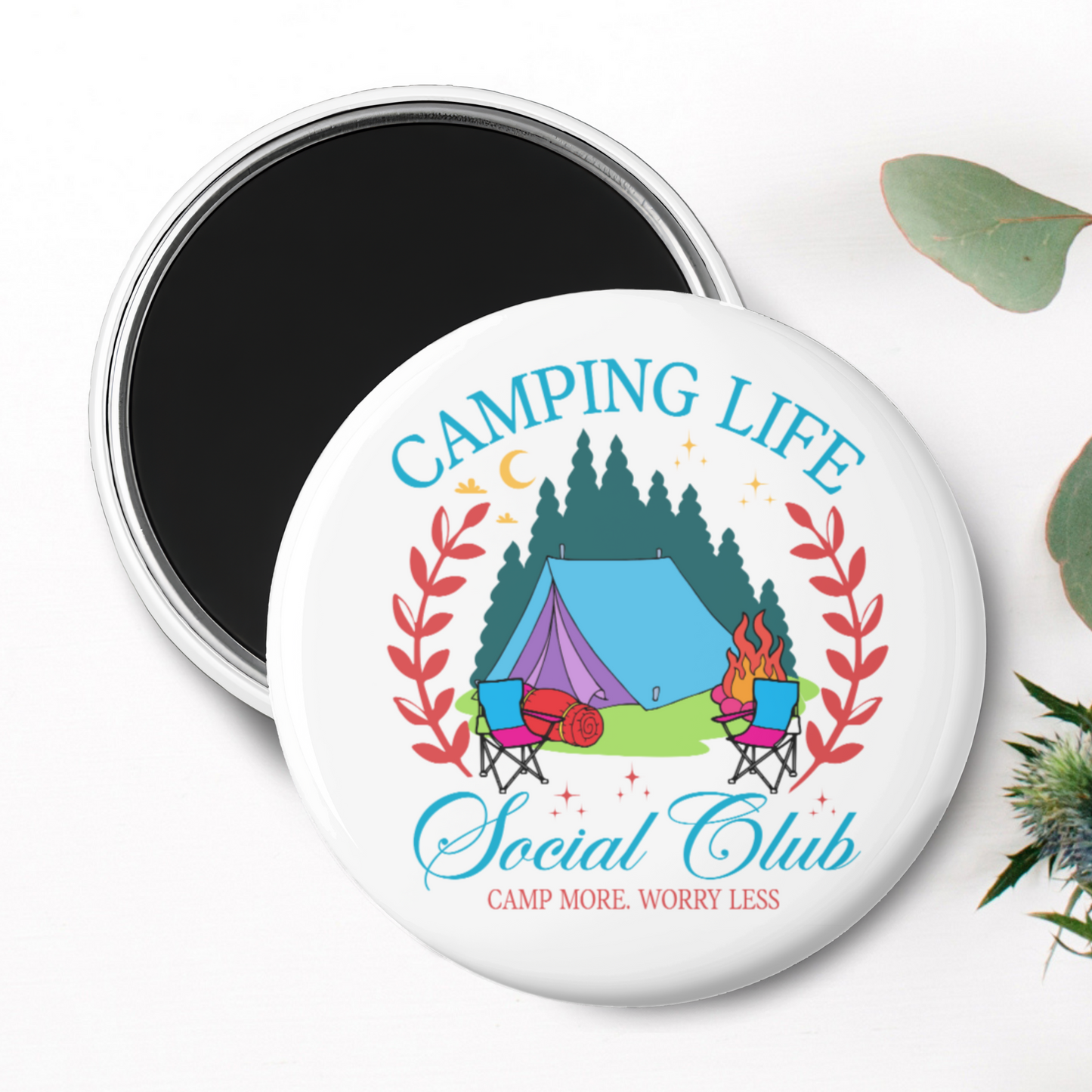 "Camping Life Social Club: Camp More Worry Less" Magnet
