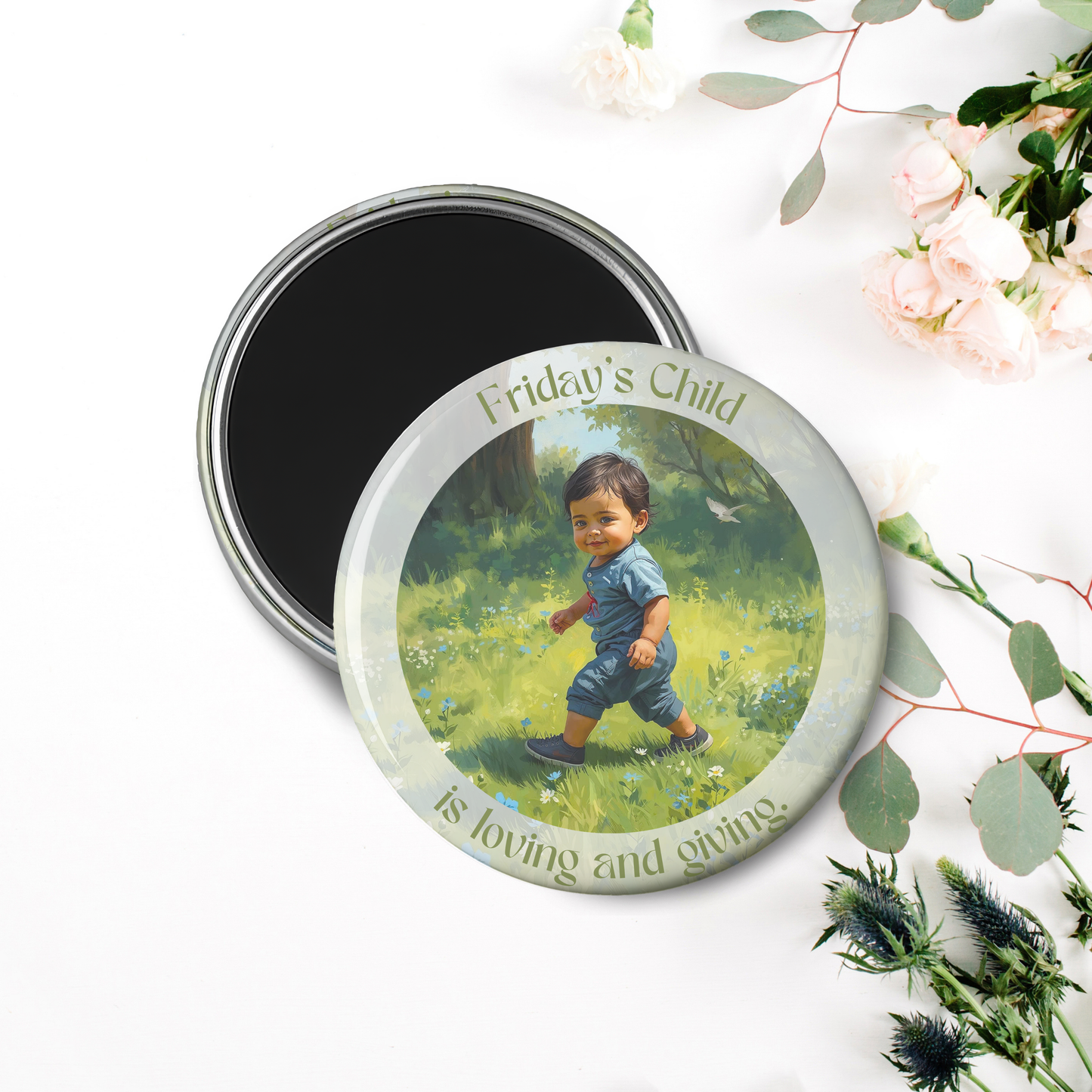 Monday's Child Poem, 2.25" Round Magnet for Boys and Baby Boys, Days of the Week Birth Fridge Magnets, Nursery Rhyme