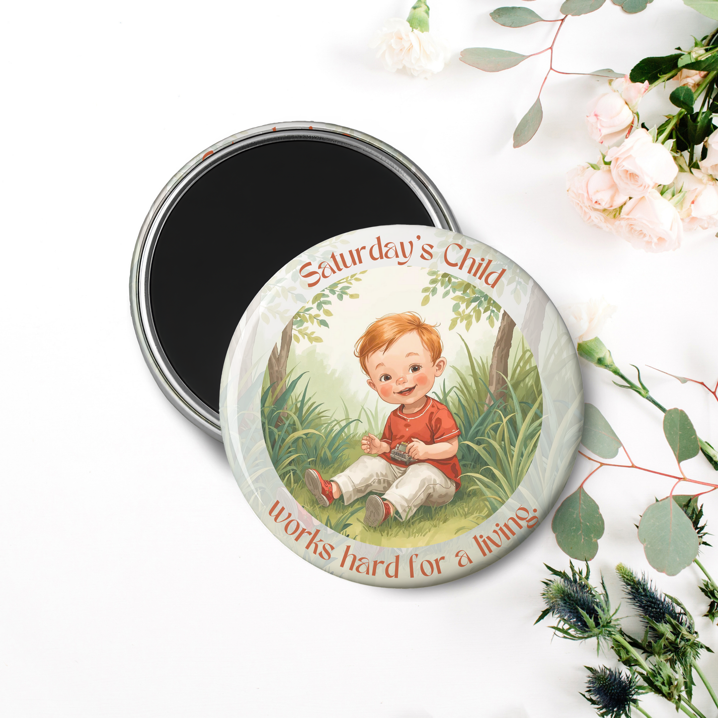 Monday's Child Poem, 2.25" Round Magnet for Boys and Baby Boys, Days of the Week Birth Fridge Magnets, Nursery Rhyme