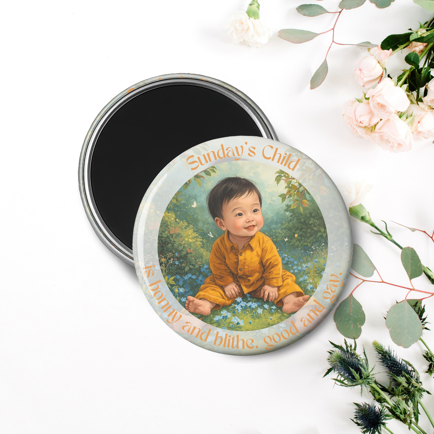 Monday's Child Poem, 2.25" Round Magnet for Boys and Baby Boys, Days of the Week Birth Fridge Magnets, Nursery Rhyme