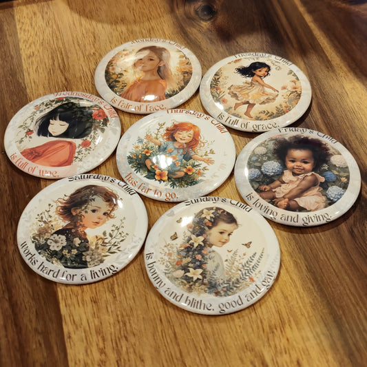 Monday's Child Poem, 2.25" Round Magnet for Girls and Baby Girls, Days of the Week Birth Fridge Magnets, Nursery Rhyme