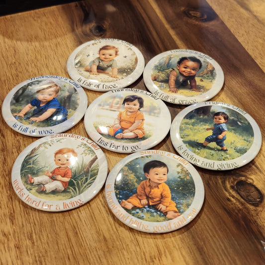 Monday's Child Poem, 2.25" Round Magnet for Boys and Baby Boys, Days of the Week Birth Fridge Magnets, Nursery Rhyme