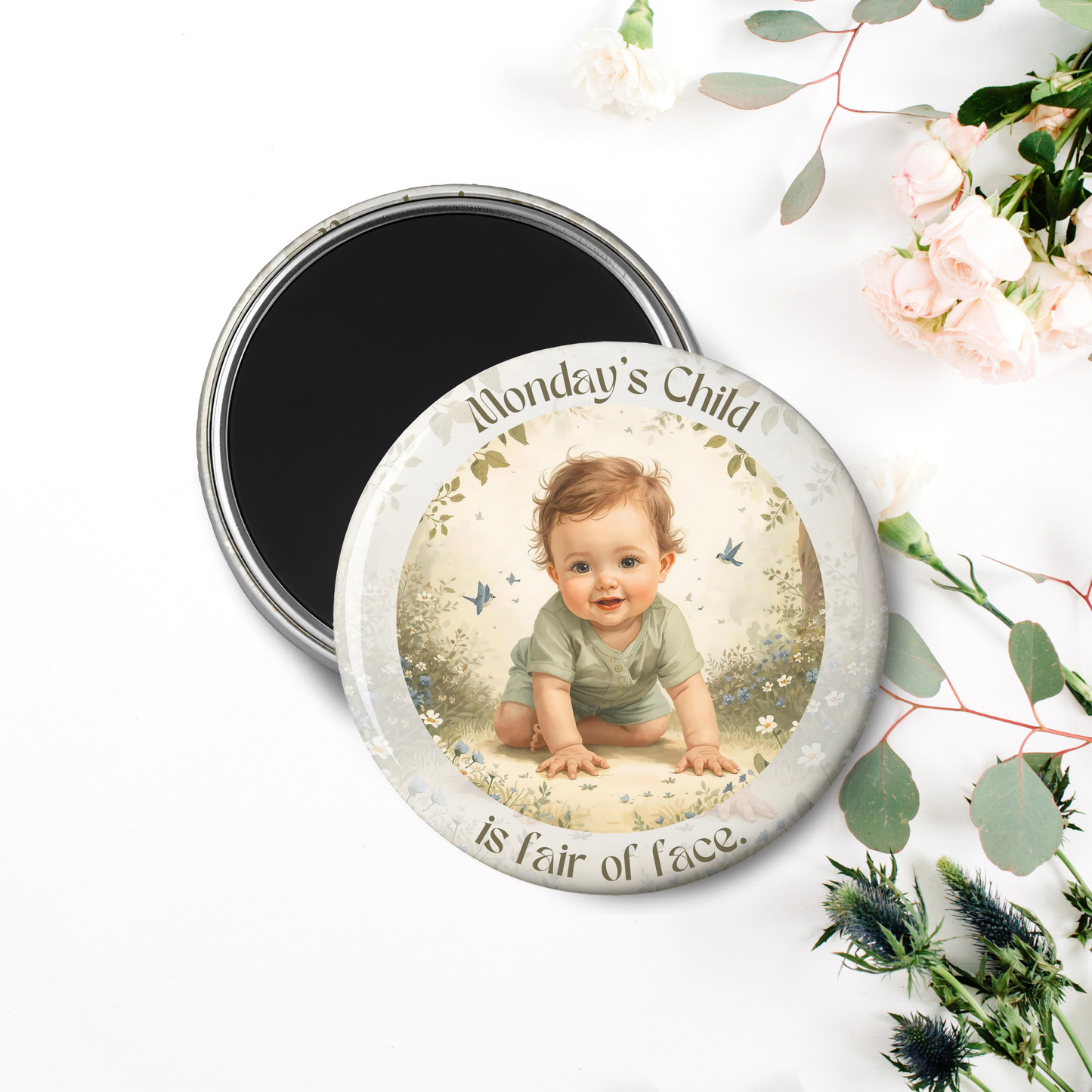 Monday's Child Poem, 2.25" Round Magnet for Boys and Baby Boys, Days of the Week Birth Fridge Magnets, Nursery Rhyme